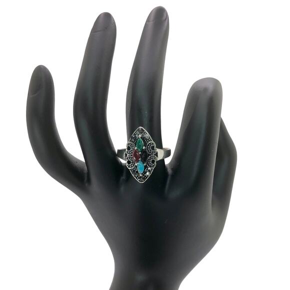 Silver and Multicolor Rhinestone Statement Ring - Size 10 - Picture 2 of 7